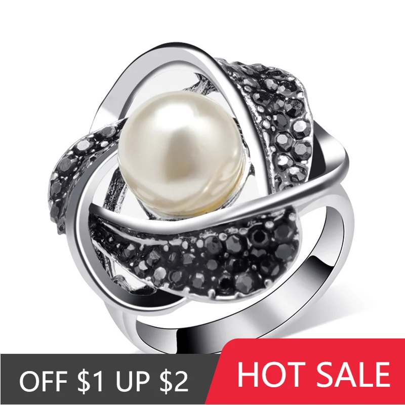 Wedding Ring Finger Ring Women's Pearl Ring Exquisitely Hollowed Out Bridal Wedding Jewelry Gift
