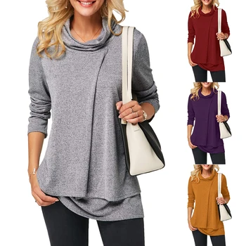 

Wipalo Leisure T Shirt Fashion Women Tees And Tops Pile Collar Long Sleeves Solid Color Casual Top Spring Female T Shirts Femme