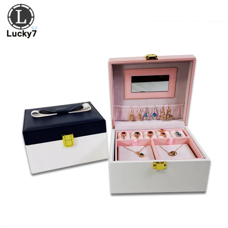 

Korean Style Fresh Simple Girl Ring Earrings Jewelry Box Bow-knot Portable Leather Multi-function Jewelry Storage Mirror Box