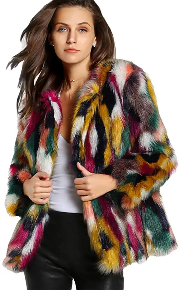 Женское разноцветное зимнее пальто с длинным рукавом из искусственного меха