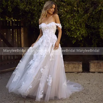 

Sexy Sweetheart Lace Appliques Wedding Dresses Chic Off Shoulder Boho Bride Dress Princess Tulle Wedding Gowns robe de mariee
