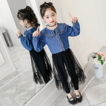 

Fashion Children Girls Clothes Set Spring 2019 Baby Girl Denim Shirt Top+Mesh Pants Big Girls Clothing Set size 4-12 Years