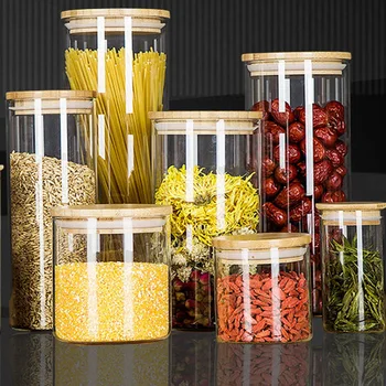 

1 Pcs Transparent Glass Wooden Sealed Lid Tank Kitchen Glass Jars Sealed Cans With Cover Simple Food Storage Multiple Capacity
