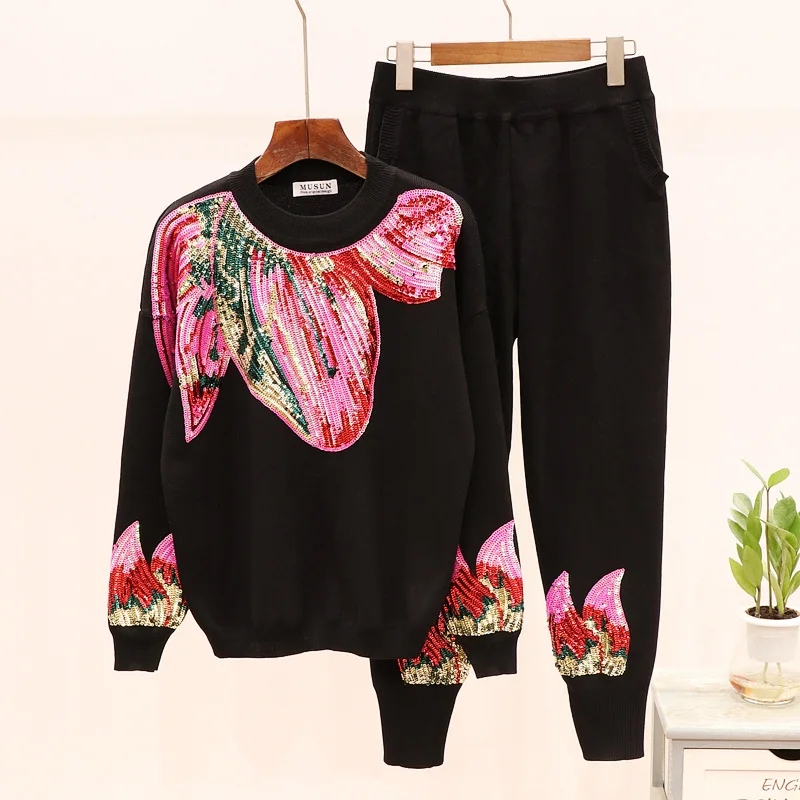

Flower sequins design Sweaters Pants Set Knitted Pullover Sweater Tops + Trousers 2PCS Suits Tracksuits Clothing Set