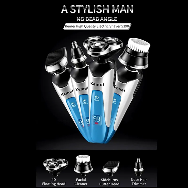 

Kemei 4 In 1 Fast Charging Floating 3 Heads IPX7 Waterproof All Body Washable Men Shaver Set LCD Display Beard Nose Hair Trimmer