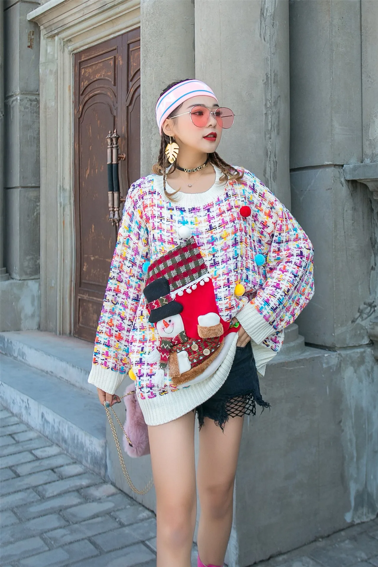 Женский свитер вязаный милый Радужный размера плюс рождественские чулки Ретро мода