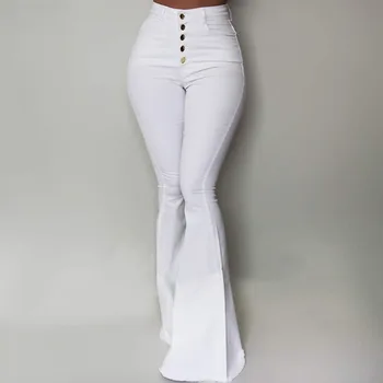 

Women White Bell-Bottom Pants Women Button High Waist Flare Pant New Trouser Slim Casual Solid Work Wear Pantalon Femme New 2020