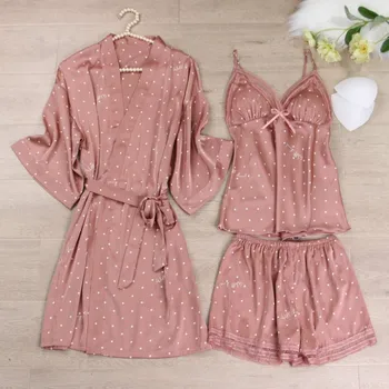Pink Print Dot Wedding Robe Set Sleepwear Casual Intimate Lingerie Nightgown Nightdress Soft Homewear Home