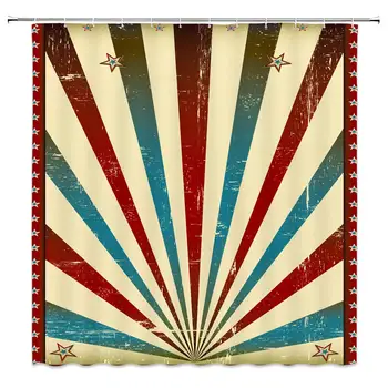 

Vintage Shower Curtain Decor Tin Rust Faded Stripes Pentagram Abstract Sunrise Light Beam Retro Fifties Style Blue Red Beige