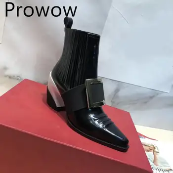 

New New Balck Runway Genuine Leather Sexy Pointed Toe Ankle Boots Slip On Buckle Strap Thick Heel HIgh Heel Boots Shoes Ladies