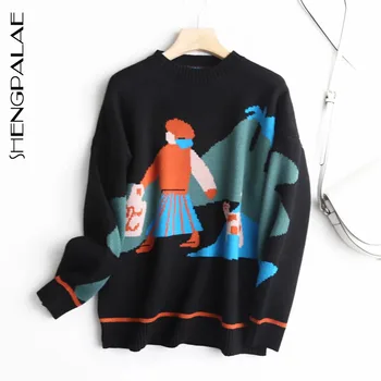 

SHENGPALAE2020 Ladies Autumn New Round Neck Loose Knitted Pullover Cartoon Khaki Long Sleeve Sweater Fashion ZT1035
