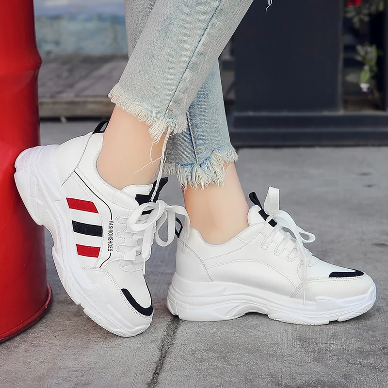 

Women Shoes Breathable Pu Sports Casual Shoes Woman Spring Autumn Solid Lace-up Wedges Platform Sneakers Femme Vulcanize Shoes