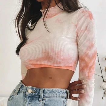 

Sexy Tie Dye Printed Crop Top Long Sleeve High Collar Bodycon Slim Party Night Club Fashion Slim Tops Female