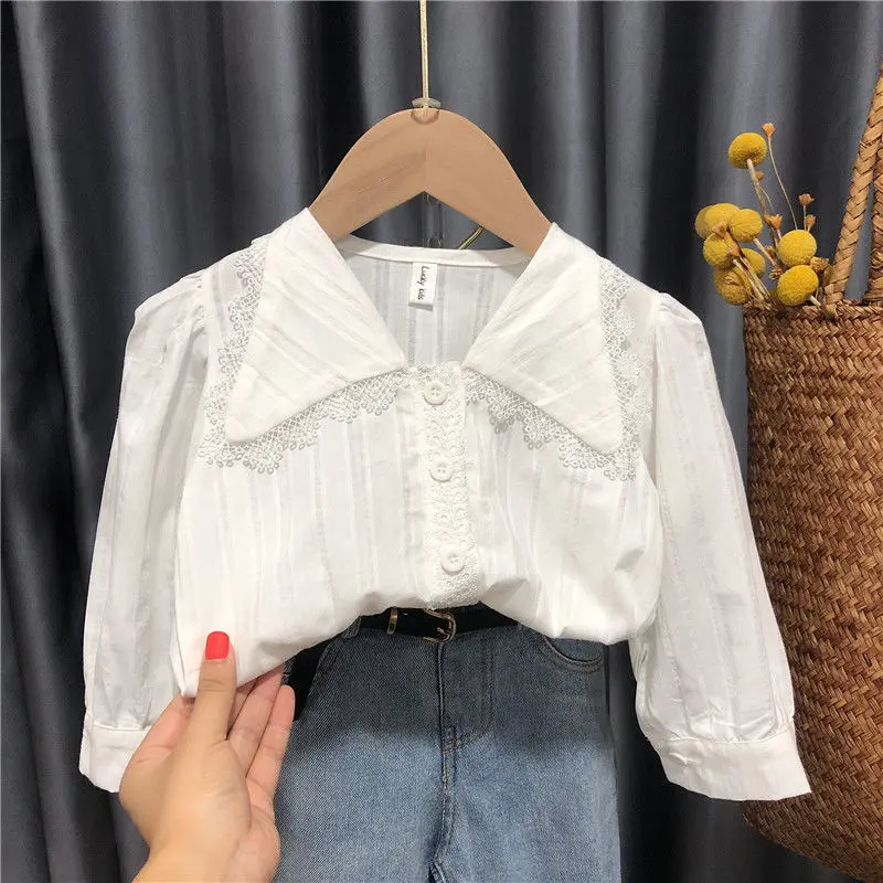 spring kids girls clothes suit children long sleeve shirt+high waist jeans+belt baby girl clothing set Girls lapel lace blouse
