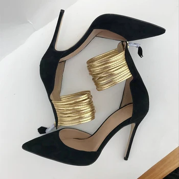 

High Heels Sandals for Women Golden Rings Pointed Toe Thin Heels Back Zipper Genuine Leather Party Shoes Ladies Bling 2020 New