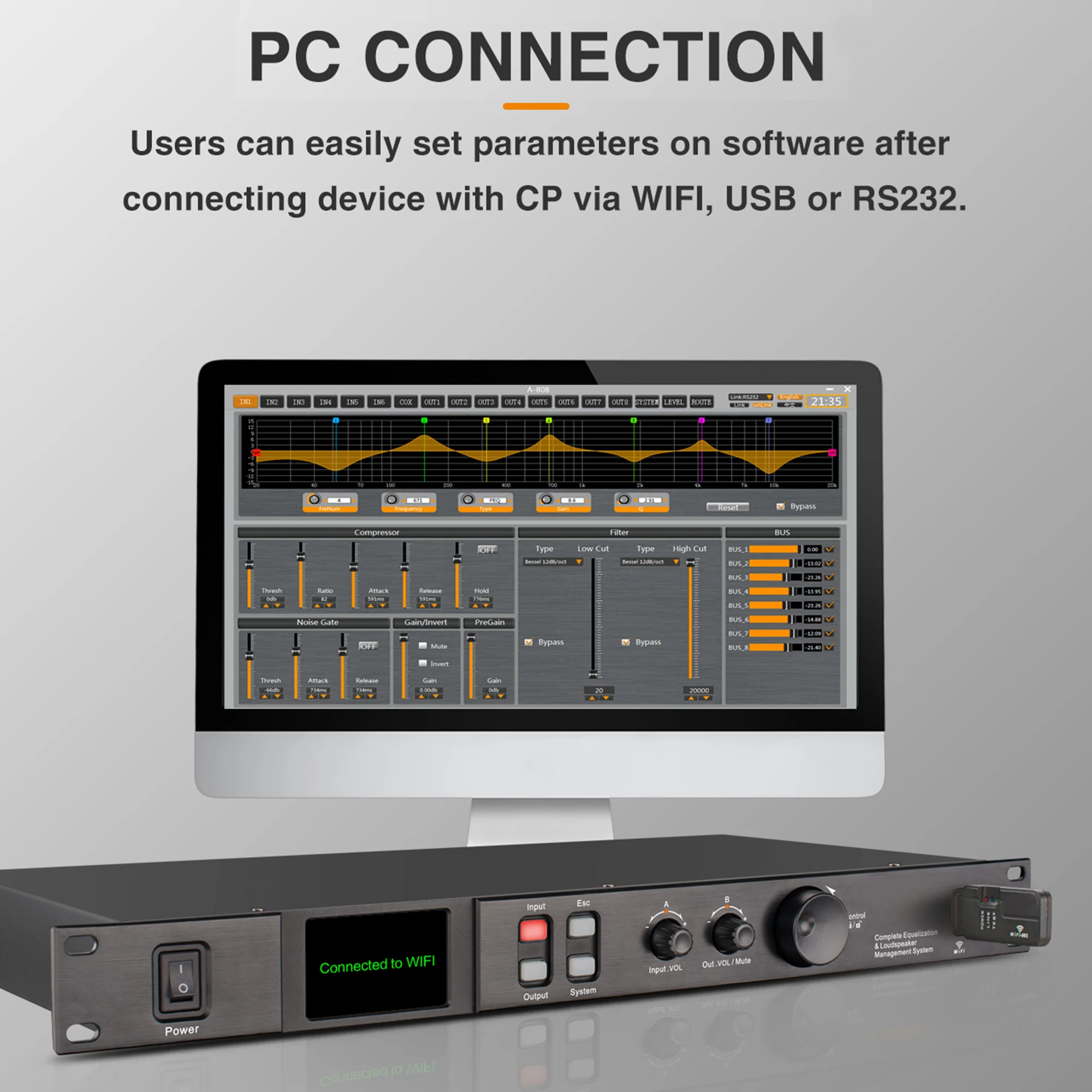 Paulkitson A808 Processor Digital Professional Audio Processor 8 In 8Out 32Bit DSP 7Band EQ Equalizer WIFI USB Without Noise
