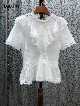 

100%Cotton Blouses 2020 Spring Summer Tops Women Ruffle Lace Patchwork Short Sleeve Casual White Black Brown Tops Blouses Female