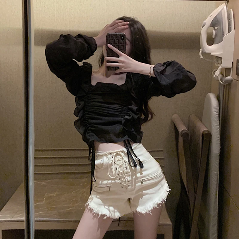 

black crop top long sleeve women shirts chiffon ruffles square collar blusas mujer de moda bandage fashion brand Ladies tops new