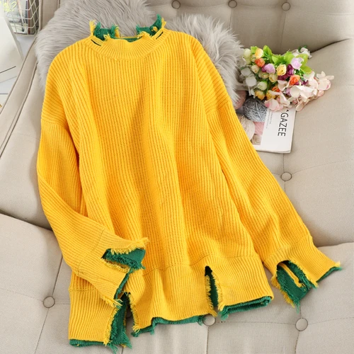 yellow Neploe зима, женские свитера, модные, из кусков, с круглым вырезом, с длинным рукавом, свитера, повседневные, свободные, имитация двух частей, пуловеры 80245 - Цвет: yellow