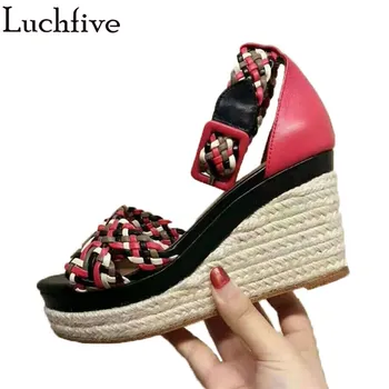 

Colour Weaves Platform Wedges Sandals Women Ankle Buckle Mixed Colors High Heels Shoes Summer Runway Sexy Party Shoes Woman Muje