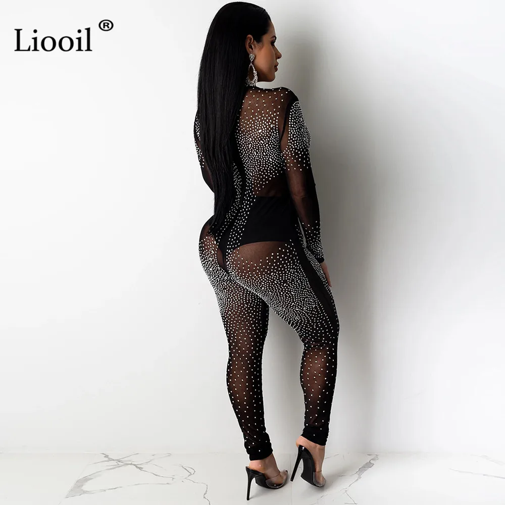Liooil, черный, белый, стразы, прозрачные, сетчатые, сексуальные комбинезоны для женщин,, длинный рукав, о-образный вырез, вечерние, Клубные комбинезоны, обтягивающие боди