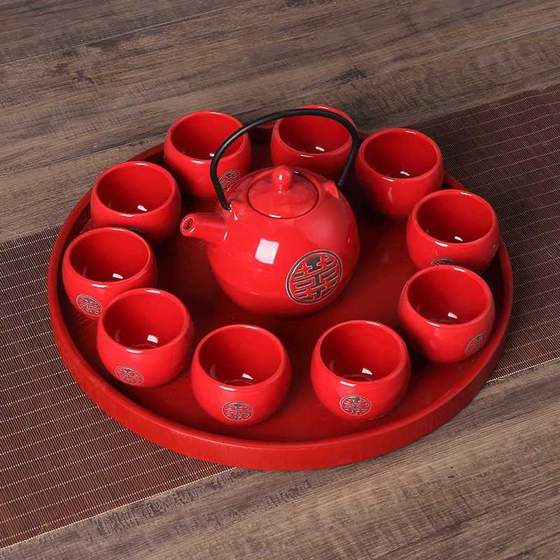 As shown Chinese traditional wedding ceramic tea set Red Double Happiness Teapot Newlywed Gift Home Tea Set Accessories WSHYUFEI - Цвет: As shown