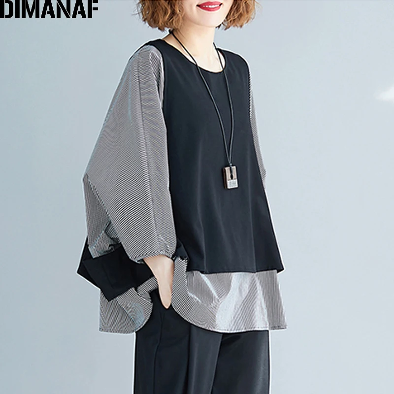  DIMANAF Plus Size Women Blouse Shirts Autumn Oversize Casual Lady Tops Tunic Batwing Sleeve Loose F