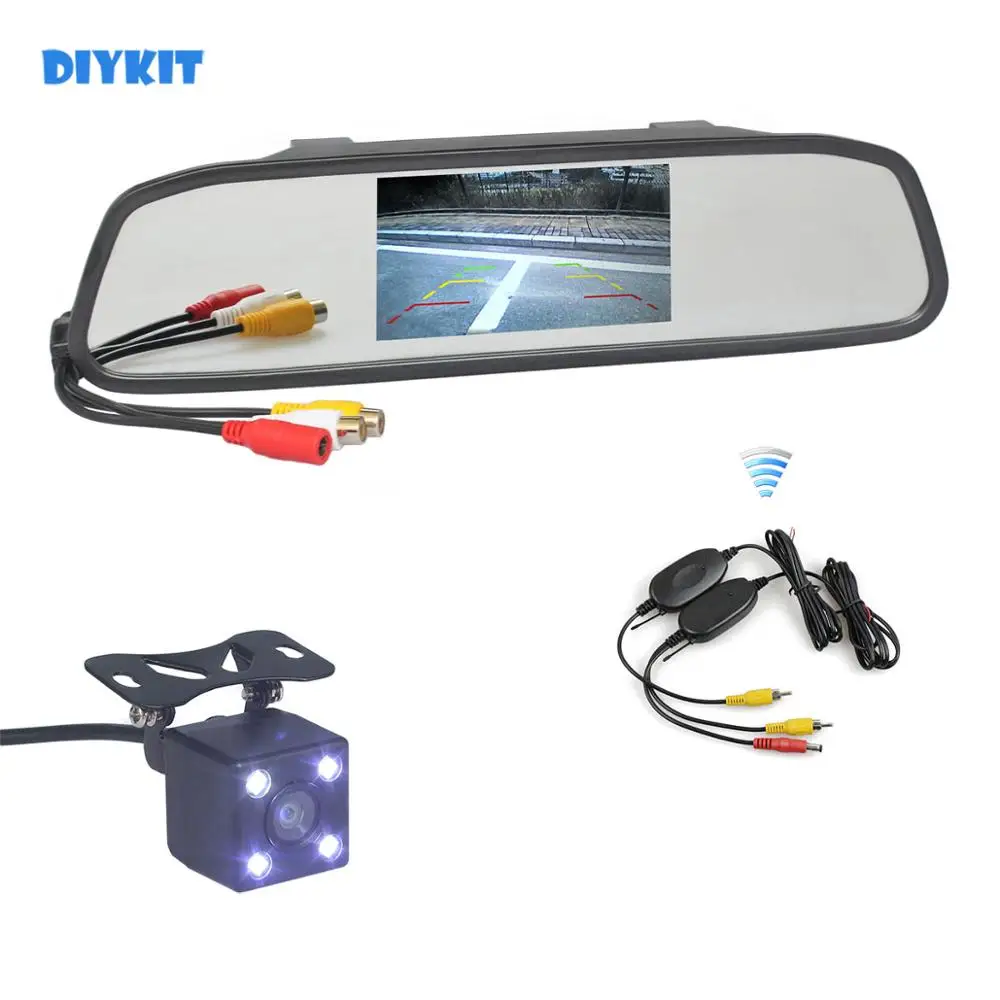 DIYKIT беспроводной Авто HD парковочные мониторы светодио дный LED ночное видение HD заднего вида камера с 4,3 дюймов Зеркало автомобиля мониторы