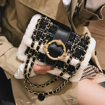 

Winter Wool Plaid Faux Fur Feather Mini Flap Box Women Sequined Handbags Shoulder Bags Crossbody Party Clutch Office Lady 2020