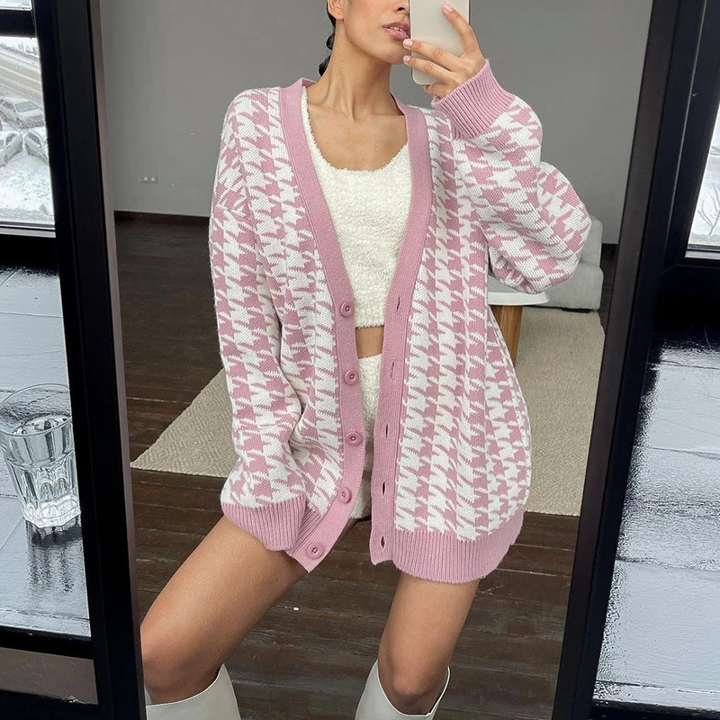 Meiyangyoung V Neck Knitted Cardigans Sweater Pink Houndstooth Cardigan