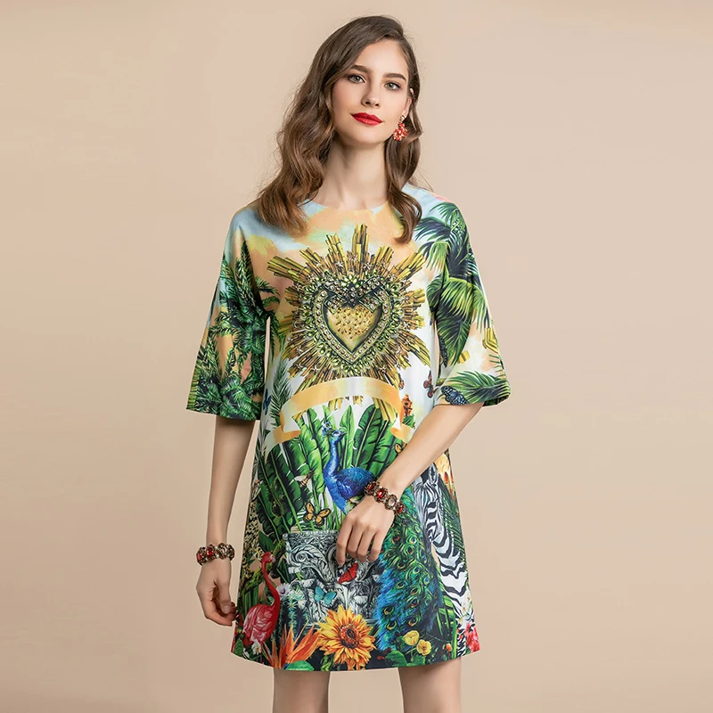 LD LINDA делла весна лето модное подиумное винтажное платье женское с коротким рукавом Животный цветочный принт Кристалл Бисероплетение свободное платье