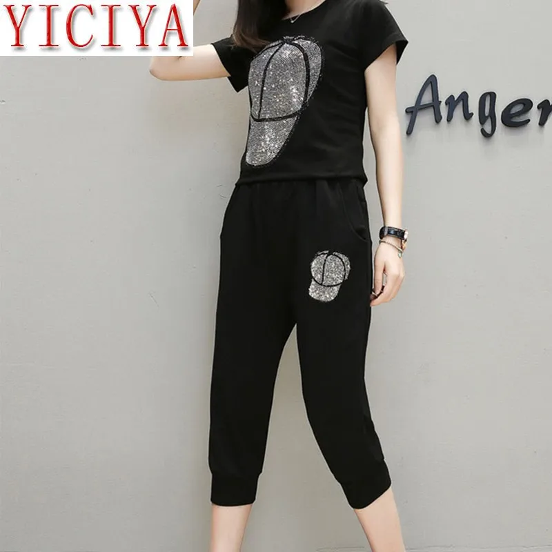 

female suit 5xl yoga plus size 2pieces of female training set clothes for women fine casual sportwear diamond top and pants