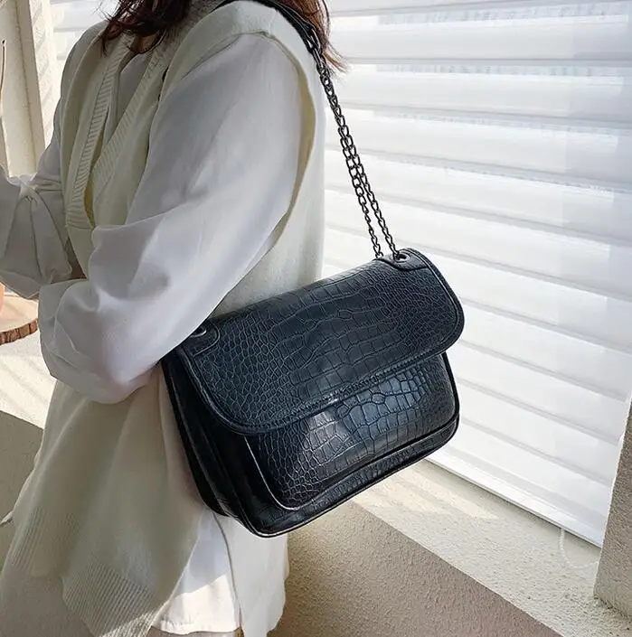 27 CM Black Европейский стиль крокодиловая сумка с узором сумка Новая высококачественная кожаная женская дизайнерская сумка с цепочкой сумка - Цвет: 27 CM Black