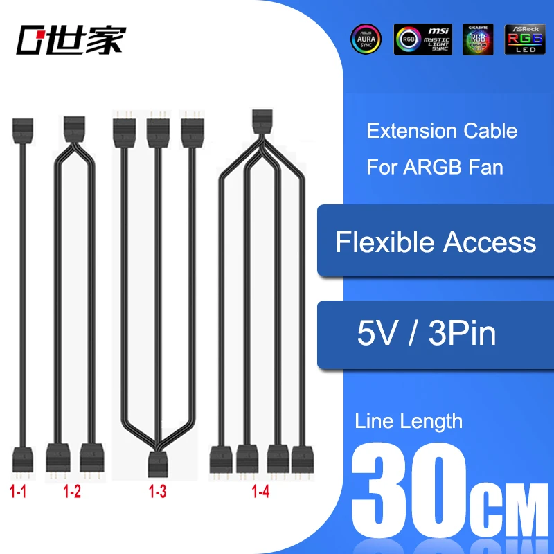 

3pin 5V RGB Fan Adapter Cable Computer Case Fan Connector Cable 1 in 4 3 2 1 Compatible Light bar connection