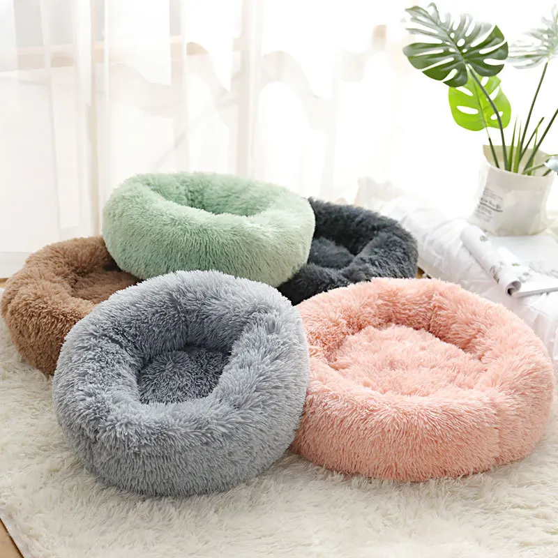 

OUYXR Round Dog Bed For Dog Cat Winter Warm Sleeping Lounger Mat Puppy Kennel Long Plush Pet Bed