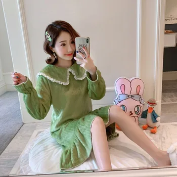 

Winter warm nightdress ladies flannel sexy diagonal neck ruffled coral fleece long