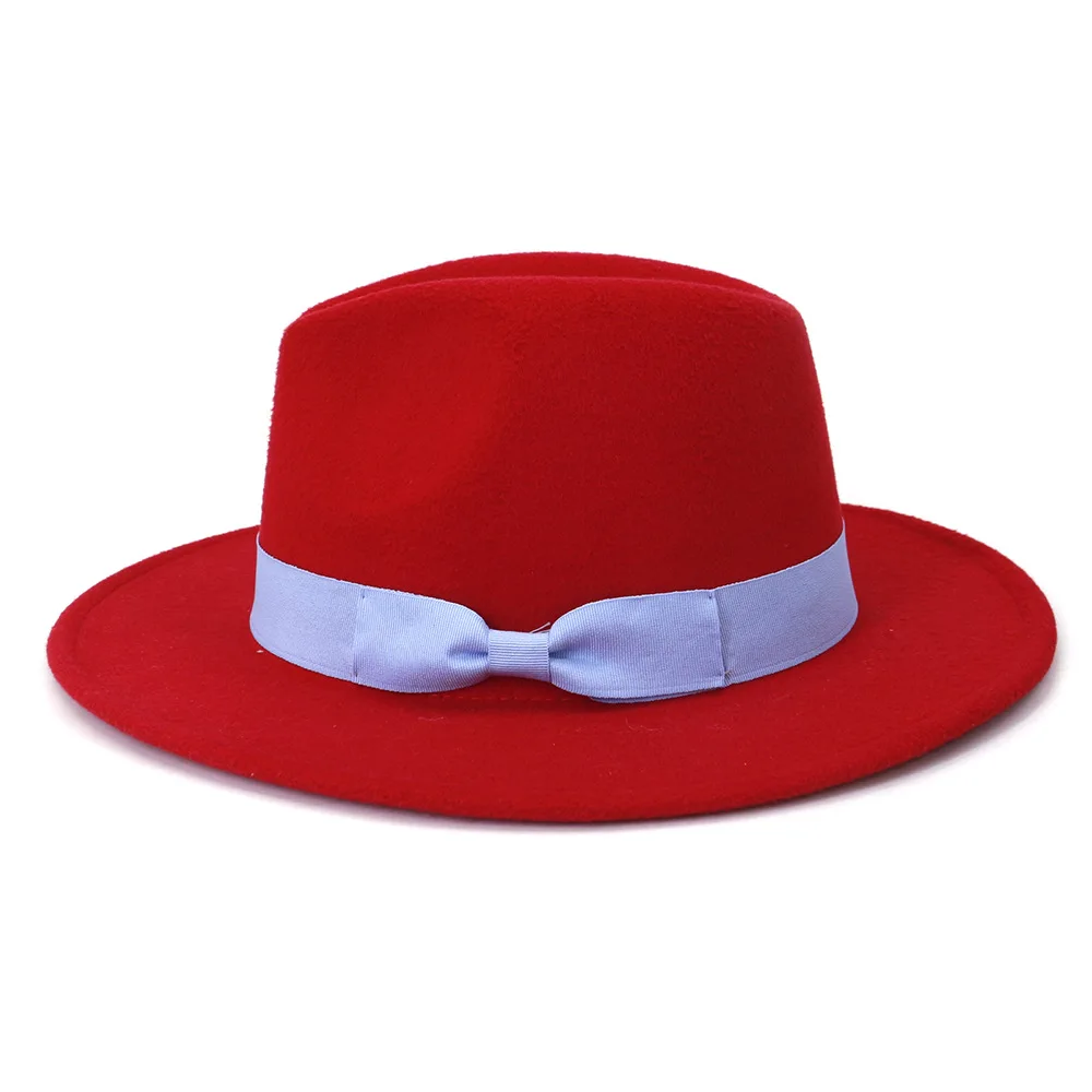 Free shipping Simple classic red jazz top hat women wide-brimmed bow fedora hat autumn and winter ladies elegant panama hat short brim fedora