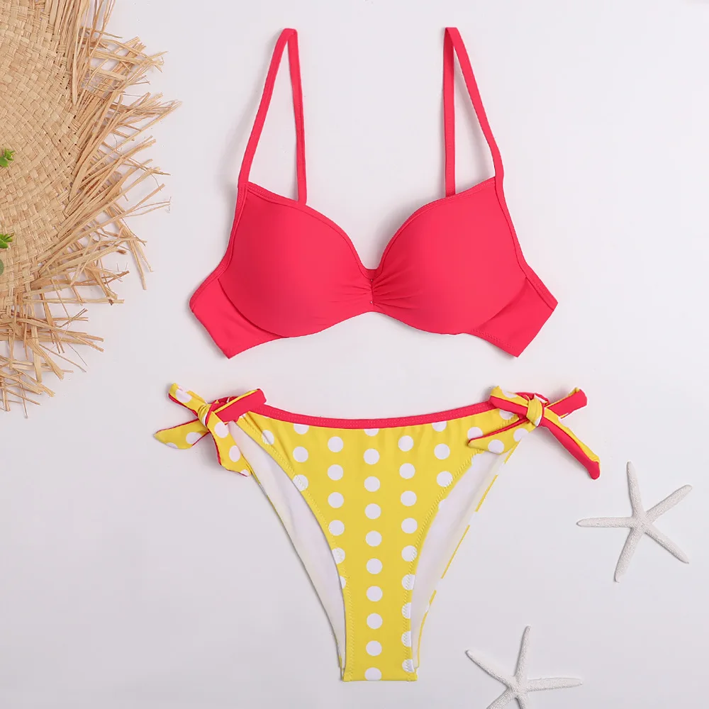 2020 Bikini Set Halter Swimwear Women Dot Solid Color Swimsuit Side Bandage Bathing Suit Beachwear Push Up Sexy Bikini