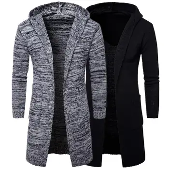 

Casual Men Solid Color Long Sleeve Pockets Thick Knitted Cardigan Hooded Coat