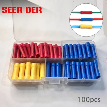 

100pcs Insulated Butt Wire Crimp Terminal Assorted 10-22AWG Straight Electrical Wire Splice Crimp Connectors Kit Red/Blue/Yellow