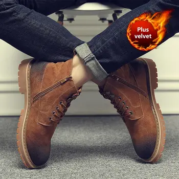 

Shoes men ankle boots genuine leather plush warm winter boots men sneakers military boat 2019 new fashion chelsea boots men