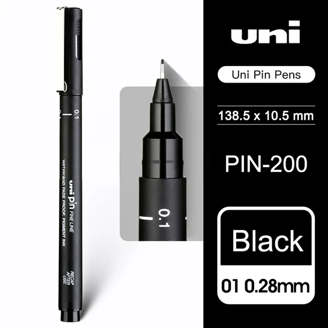 2 шт., ручка для рисования UNI, игла для рисования, для студентов, для рисования, крючок, ручка, штырь-200, водостойкая, для рисования, штрих, для рисования, дизайн линии, черная ручка - Цвет: 0.28mm black