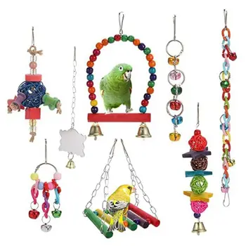 

1 Set Bird Swing Chew Toy Colorful Beads Bells Mirror Pet Cage Hanging Hammock