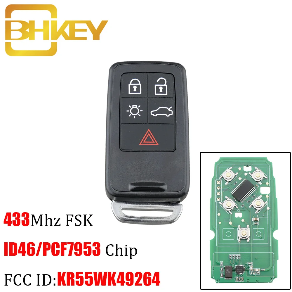 

BHKEY 5 Button Smart Car Key Fob Remote Key 434Mhz ID46/7953 Chip for Volvo XC60 S60 S60L V40 V60 S80 XC70 with Uncut Key Blade