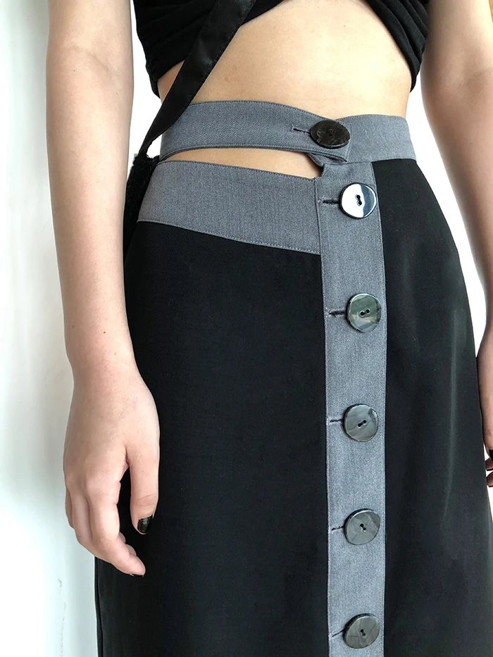 [DEAT] Knited Multi-buckle Hit Color High Elastic Waist Half-body Skirt Women Fashion Tide New Spring Summer 2020 13T204