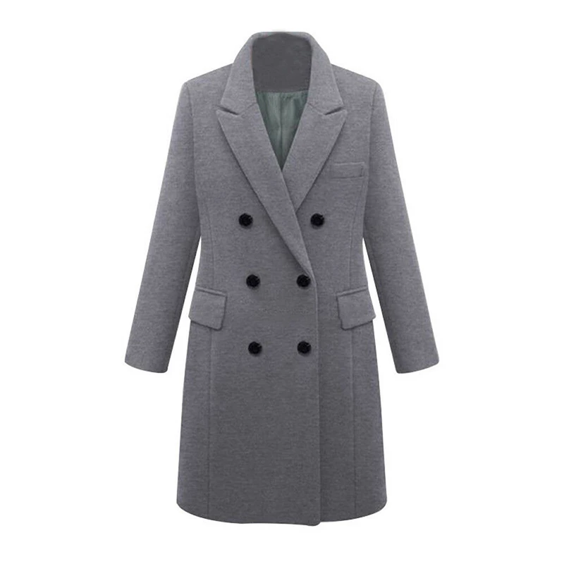 Длинное шерстяное пальто с лацканами размера плюс 5XL, тонкий Тренч, двубортная куртка с карманами, зимняя теплая верхняя одежда для женщин и девушек - Цвет: Серый