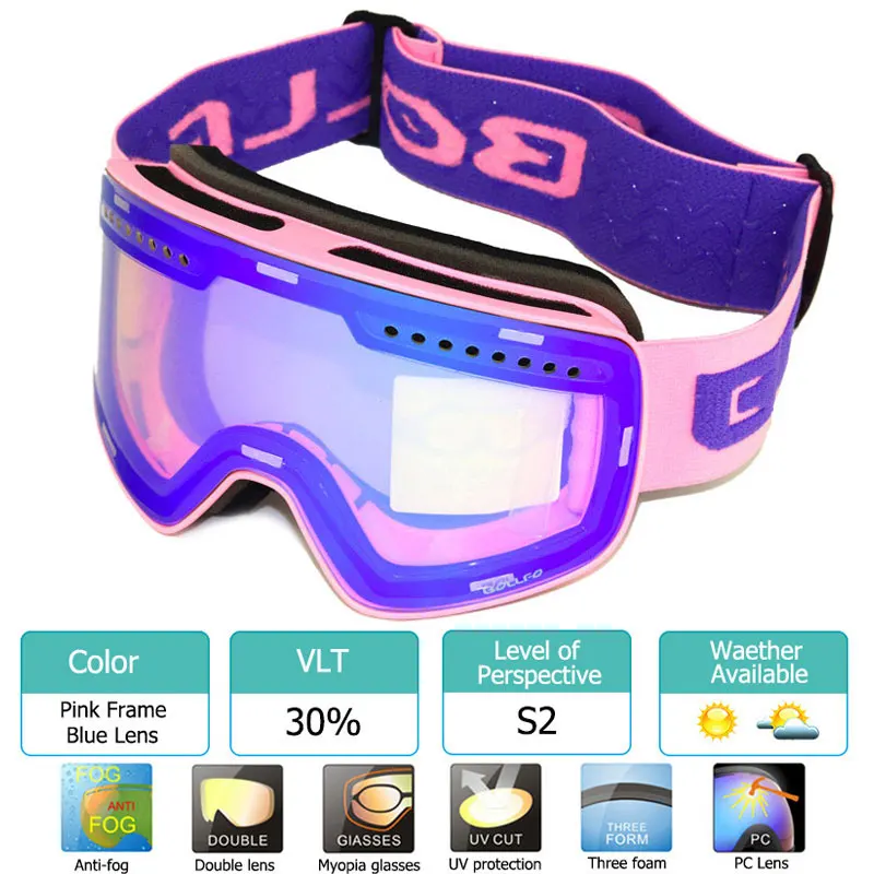 Новые магнитные двухслойные поляризованные линзы, лыжные очки, противотуманные UV400, лыжные очки для сноуборда, мужские и женские лыжные очки, очки - Цвет: Pink Blue