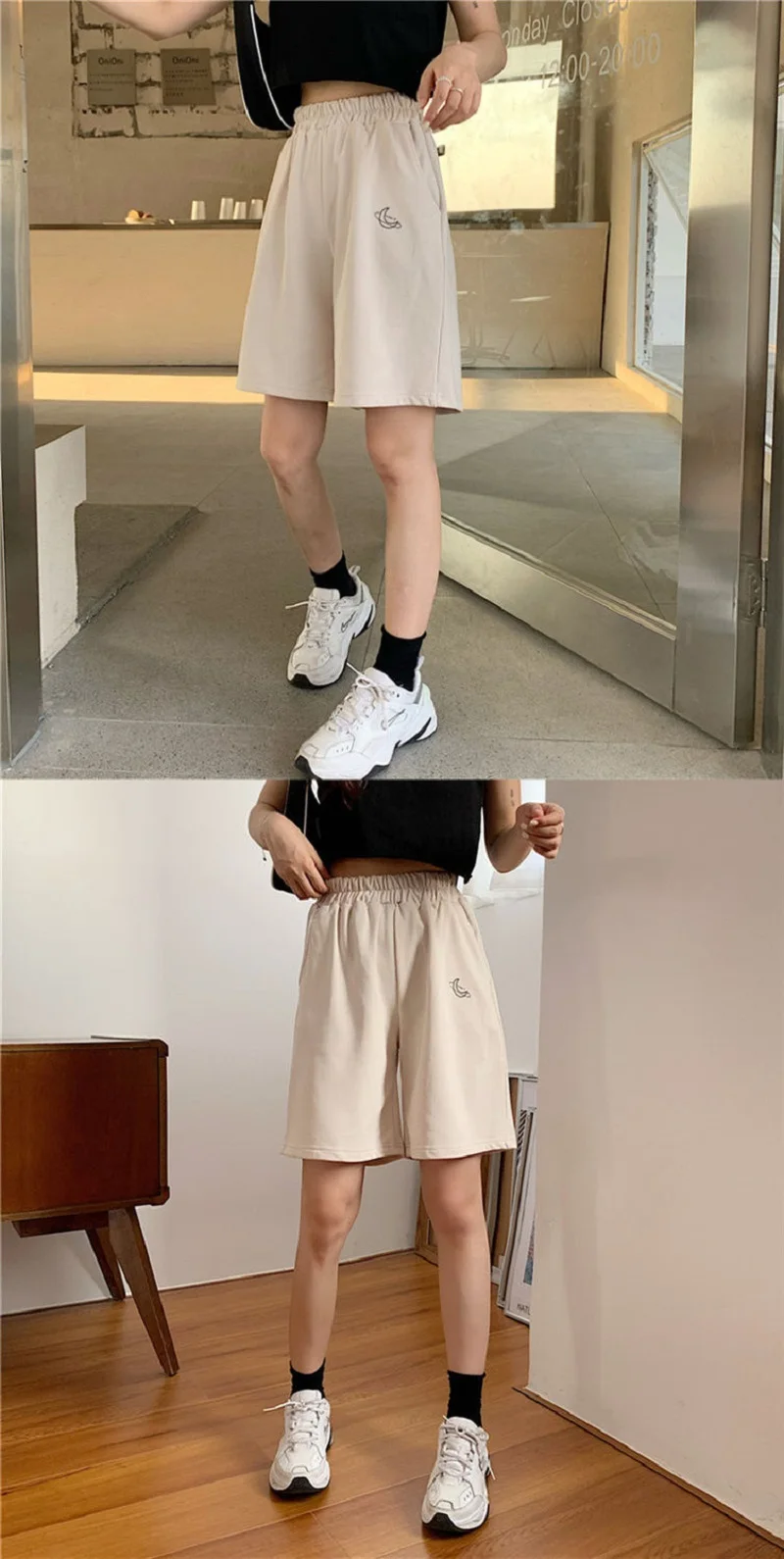 lululemon shorts Elastic Waist Casual Beach Party Korean version clothing size High waist Moon embroidery movement shorts women Summer khaki shorts