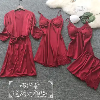 

4 Pieces Women Pajamas Sets Nightie Satin Silk Nightwear Pyjama Spaghetti Sleepwear Strap Sleep Lounge Pijama Mujer 2020