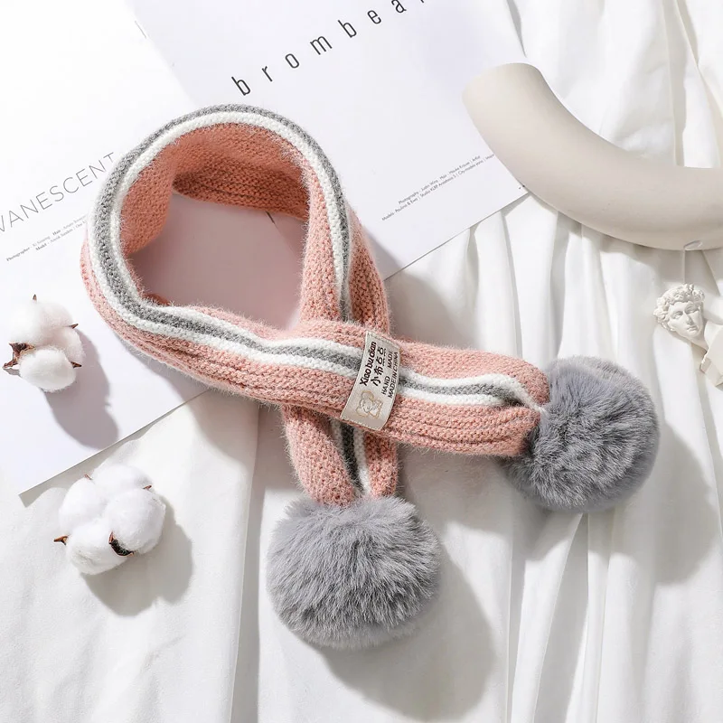 Children Knitted Winter Cashmere Soft Scarf Baby Boys Girls Lovely Fur Pom-pom Neckerchief Neck Warmers